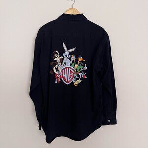 VTG Looney Tunes Shirt L Warner Bros Studio Store Embroidered Black Denim Faded